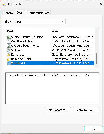 The Windows Certificate dialog on the Details tab for example.756315.xyz. The Thumbprint row is selected and the value pane shows the forty-character SHA-1 hash 1fc7740e02e441c71340c92a21c2e9872b959f2a.